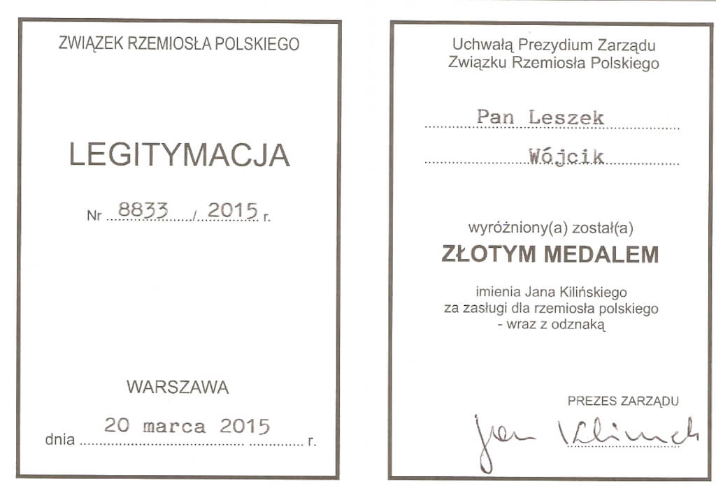 Złoty Medal im. Jana Kilińskiego za zasługi dla rzemiosła polskiego, 20 marca 2015 r.