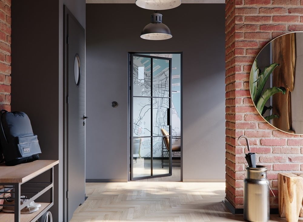 Porta drzwi Loft Stalowe - uchylone, na szarej ścianie - miesięcznik i portal informacyjny branży meblarskiej biznes.meble.pl