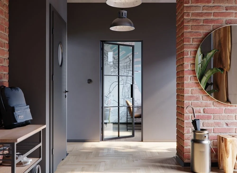 Porta drzwi Loft Stalowe - uchylone, na szarej ścianie - miesięcznik i portal informacyjny branży meblarskiej biznes.meble.pl