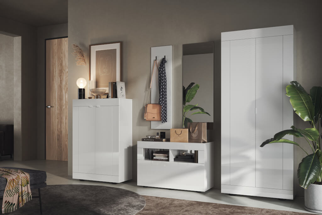 Przedpokój „Toledo” – kolekcja mebli garderobianych w stylu loftowym, łączącym laminat w kolorze dębu grandson z metalowymi dodatkami w kolorze czarnym.