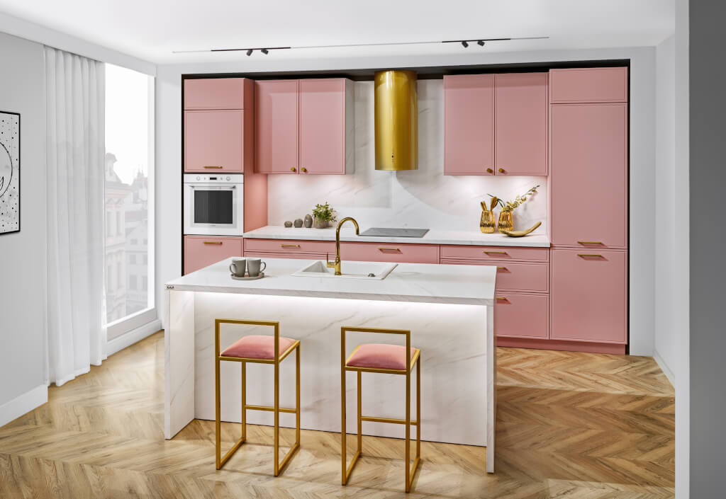 Typowa wysokość korpusów w szafkach dolnych wynosi 72 cm, ale w systemie KAM Premium Plus istnieje możliwość jej zwiększenia do 77 cm.