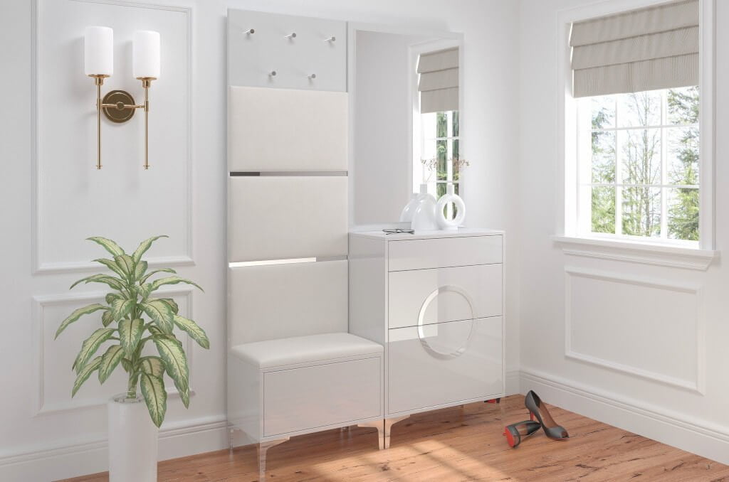 Modułowy zestaw mebli do przedpokoju Dancan „Eveline” z oferty Onemarket to funkcjonalny, kompaktowy i gotowy projekt do wykorzystania w takich miejscach jak: korytarz, garderoba, przedpokój.