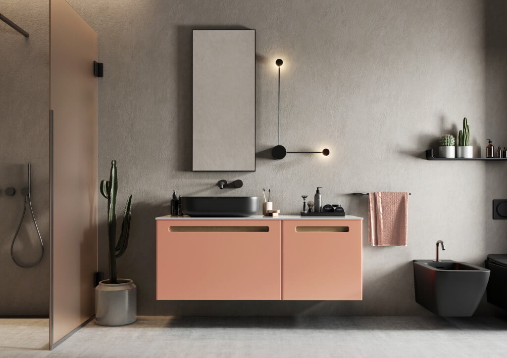 Defra Compose Collections, Senso marki Defra w kolorze tangerino z białym blatem konglomeratowym – zestaw modułowych mebli łazienkowych w niezwykle modnym i nieoczywistym kolorze tangerino, przypominającym odcień łososiowy.