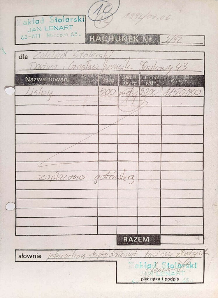 Rachunek nr 2/92 za 500 listewek, 1992 r.