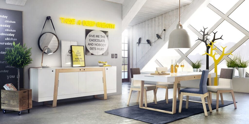 Dostępny na terenie Galerii Wnętrz Domar w salonie Design Expo stół „Magh” to funkcjonalny mebel mający otwierane boczne skrzydła i dodatkowe miejsce do przechowywania drobiazgów.