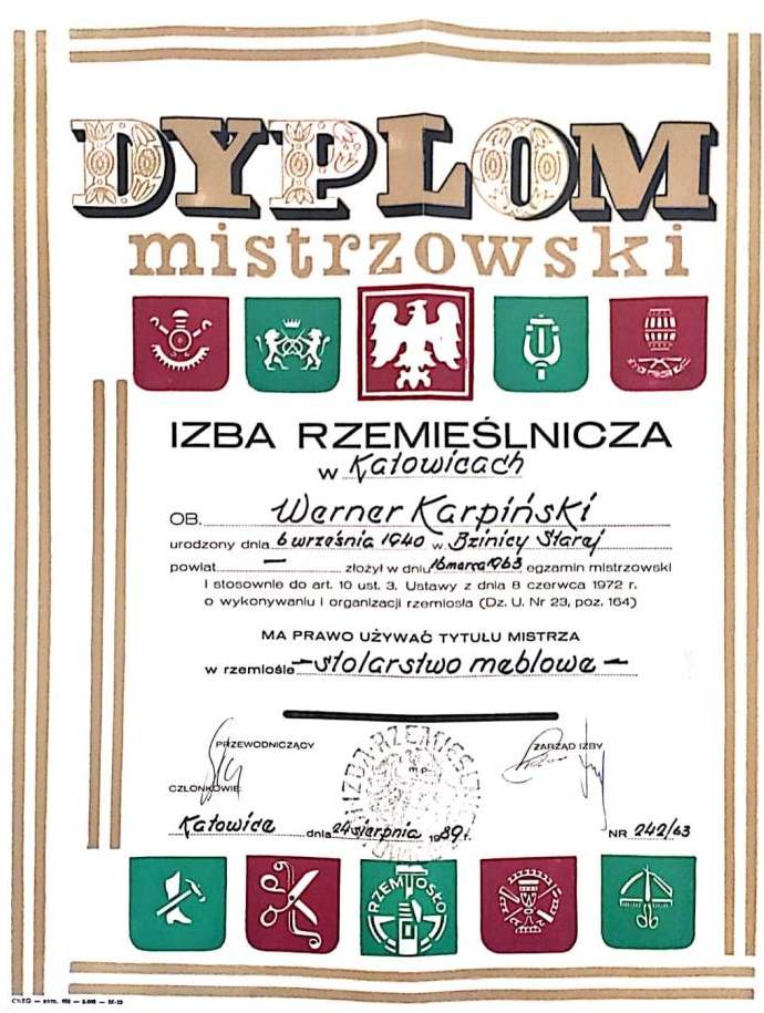 Dyplom Mistrzowski Wernera Karpińskiego.