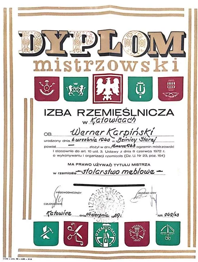 Dyplom Mistrzowski Wernera Karpińskiego.