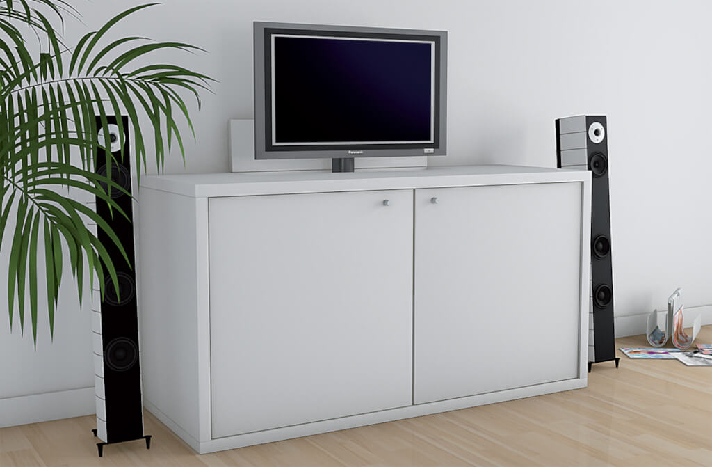 Ciekawym rozwiązaniem do zastosowania w przestrzeni dziennej jest elektryczny podnośnik do telewizora od Häfele. Dzięki niemu możemy bez problemu ukryć telewizor w szafce poniżej w czasie, kiedy nie będziemy go używali.