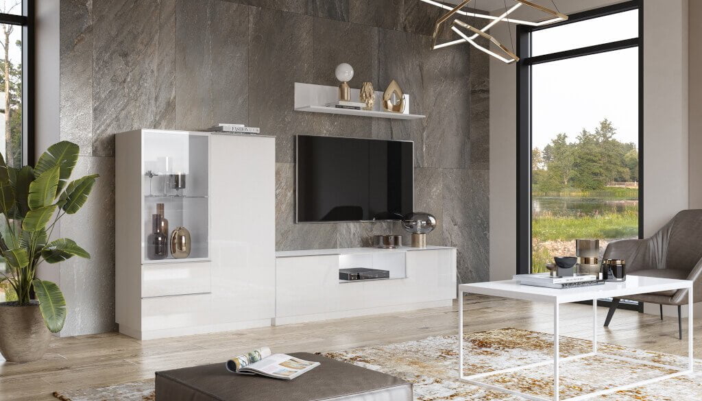 HM Helvetia Meble oferuje meble modułowe „Helio”, dostępne w trzech modnych kolorach: bieli, szarości oraz czerni. Komody RTV z tej kolekcji można zawiesić na ścianie, bądź postawić na cokole lub chromowanych nóżkach.