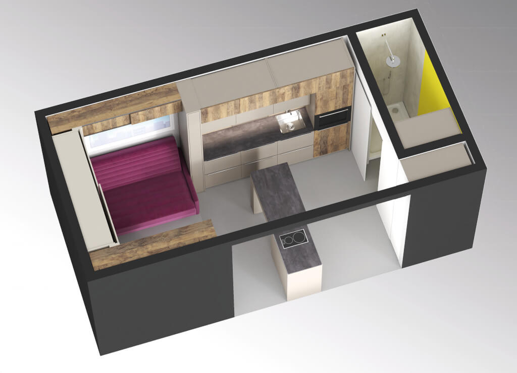 Mieszkanie o powierzchni 18 m² zostało wyposażone od podłogi po sufit w inteligentne rozwiązania firmy Hettich zagospodarowujące przestrzeń.