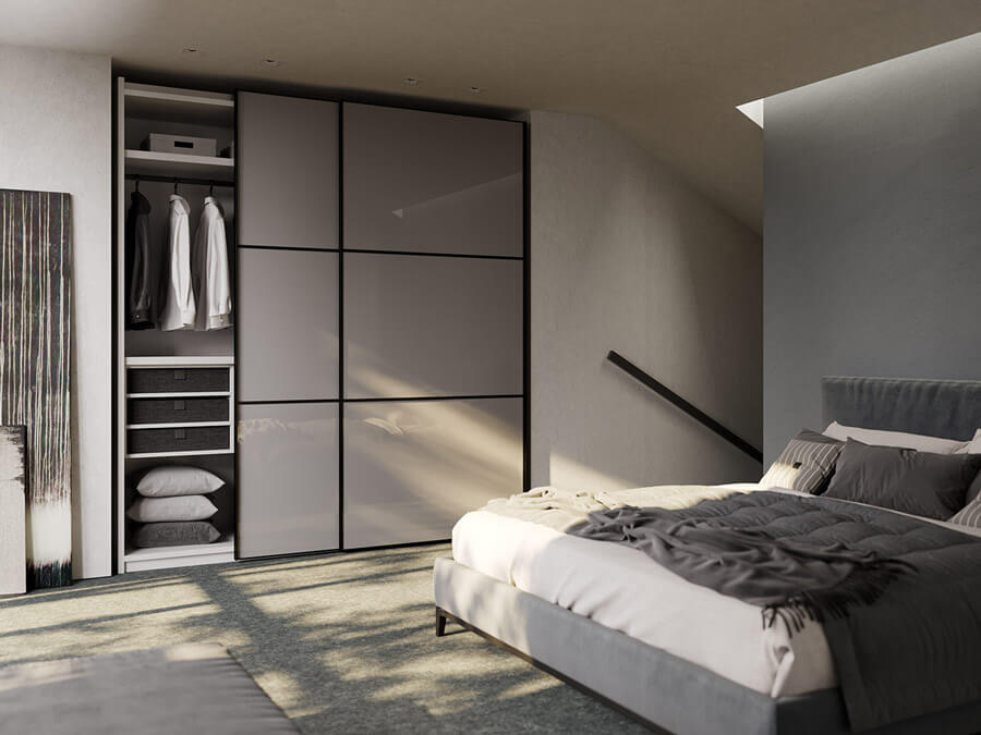 Systemy przesuwne Salice: System Glow+w kolorze szarym w loftowej sypialni firmy Salice, przedstawiciel AMI Polska - miesięcznik i portal informacyjny branży meblarskiej biznes.meble.pl