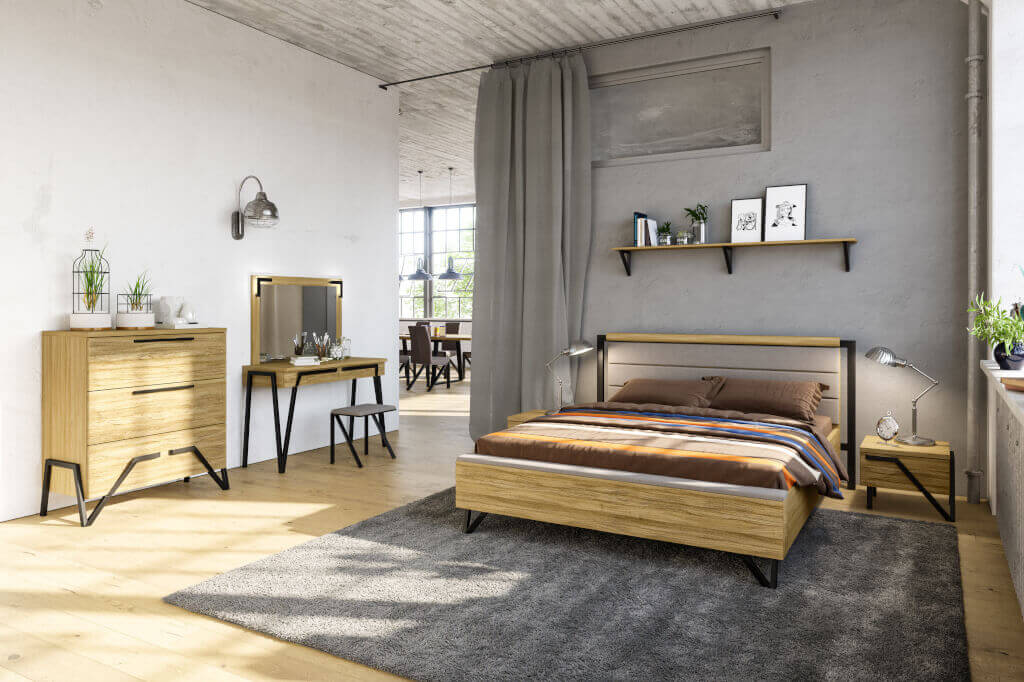 Sypialnia „Pik” firmy Mebin jest propozycją dla wszystkich ceniących bardzo modny ostatnio styl loft.