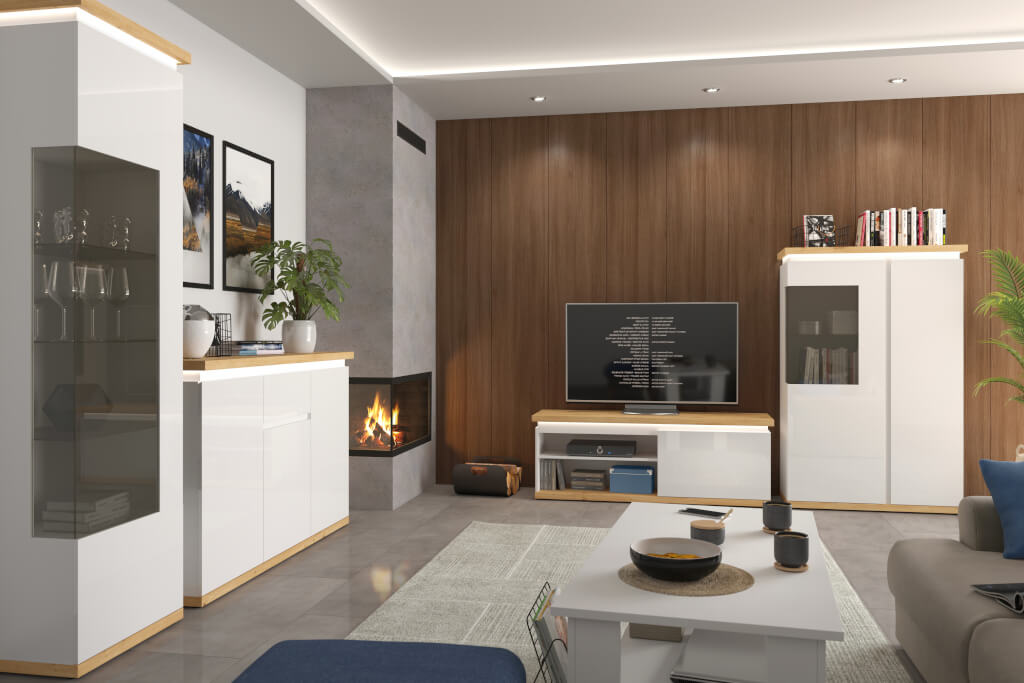 Szafka RTV „Laval” od Black Red White zachwyca frontami w połysku i stylowymi, pogrubianymi blatami. Można ją dowolnie zagospodarować.