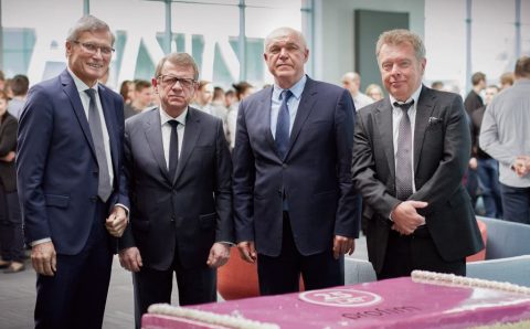 25-lecie Profim, od lewej współwłaściciele firmy: Ryszard Rychlik, Ryszard Kaczmarek, Andrzej Opłatek, Bogdan Kaczmarek, 2016 r.