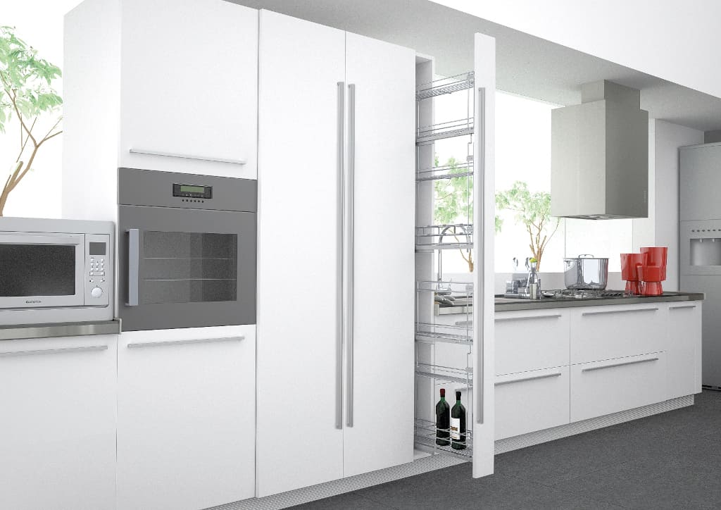 Cargo maxi z oferty Amix wyposażone w prowadnice z cichym domykiem. Dolne poziomy wyposażone w przegrody na butelki. Dodatkowo, istnieje możliwość zamocowania frontu meblowego.