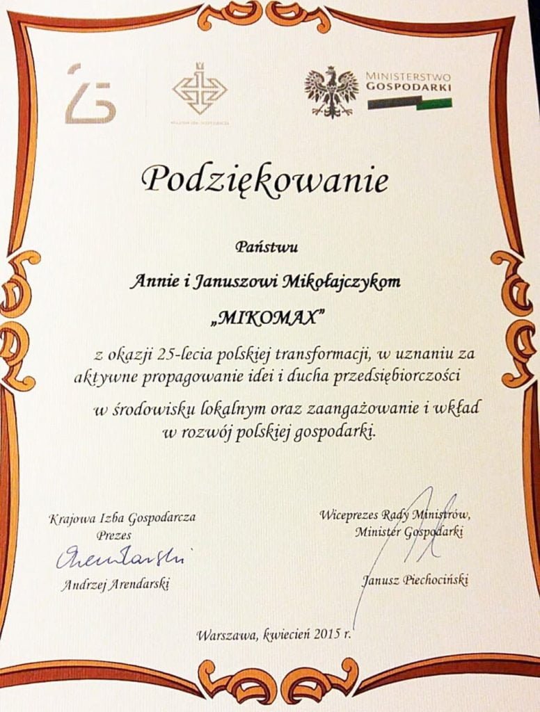 List gratulacyjny z okazji 25-lecia polskiej transformacji gospodarczej.