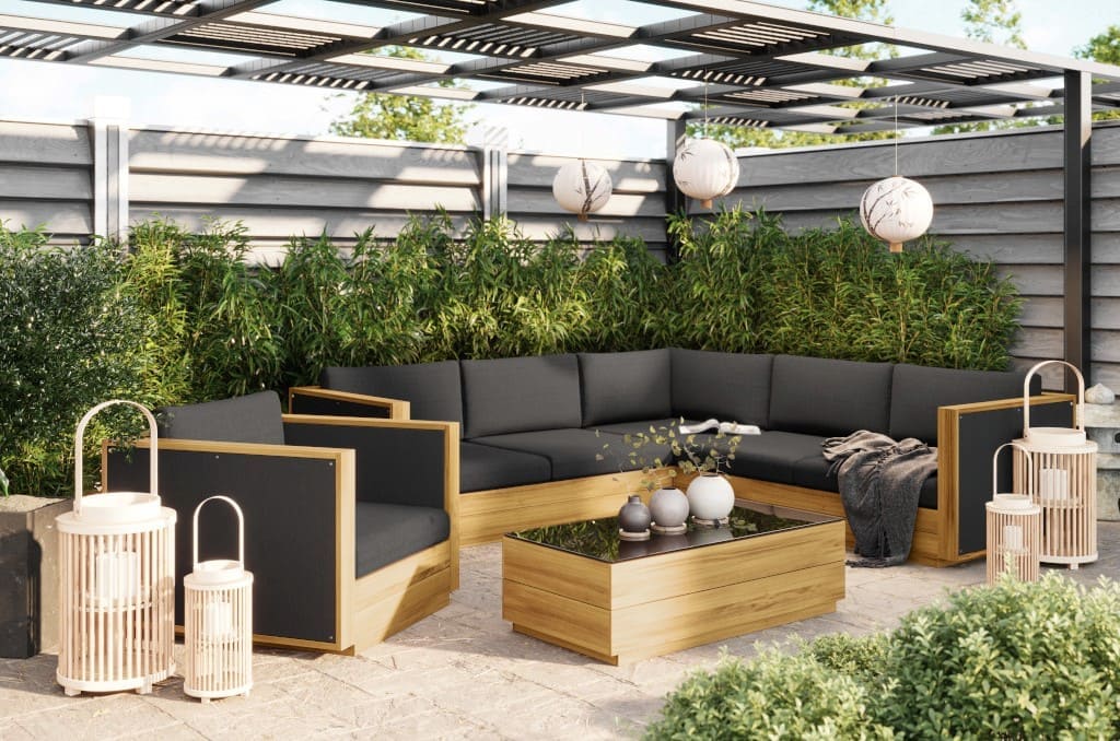 Komplet mebli narożnych Rustica z drewna akacjowego, oferta sklep OBI.