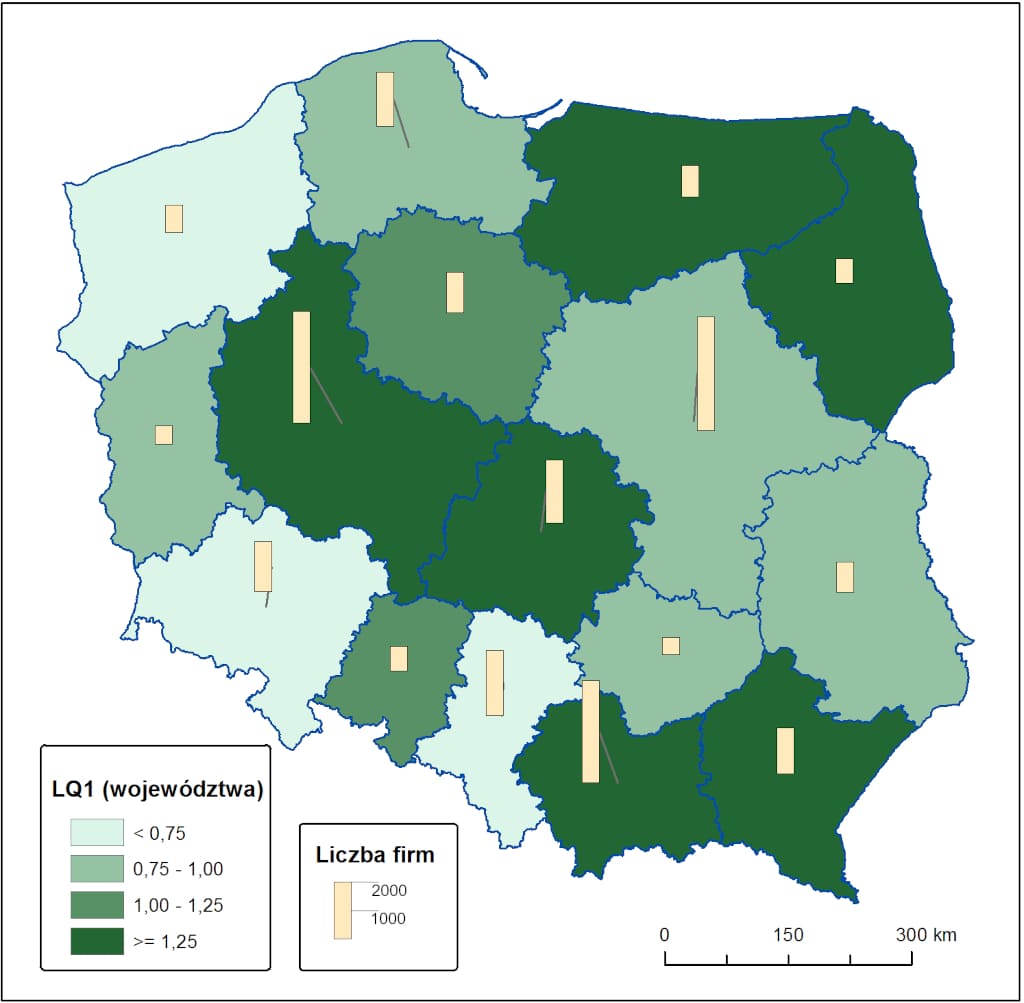 Koncentracje firm meblarskich w meblarstwie w województwach w Polsce.