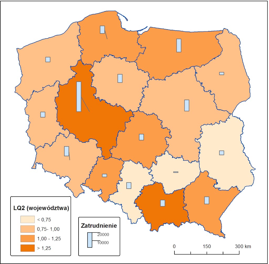 Koncentracje zatrudnienia w meblarstwie w województwach w Polsce.