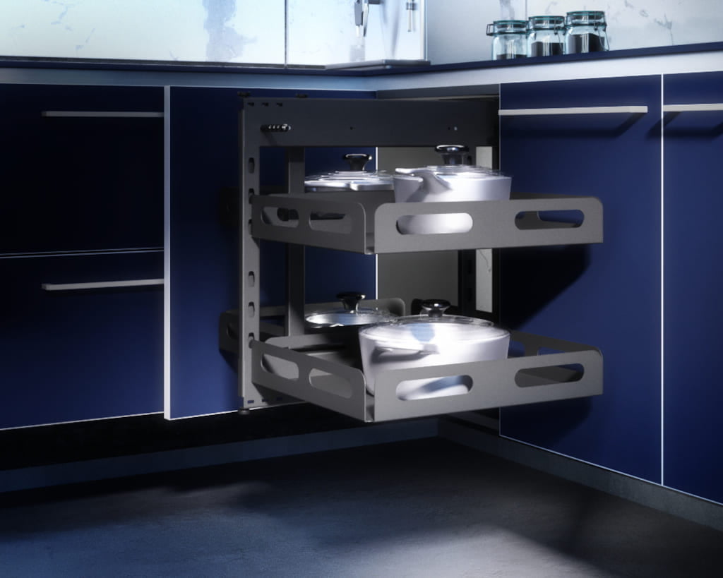 Magic komfort uniwersalny od Nomet, daje gwarancję optymalnego zagospodarowania przestrzeni w narożnikach zabudowy kuchennej.