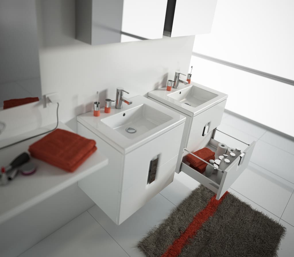 Meble łazienkowe „Twins” firmy Koło to sposób na uporządkowaną łazienkę z indywidualnym charakterem.