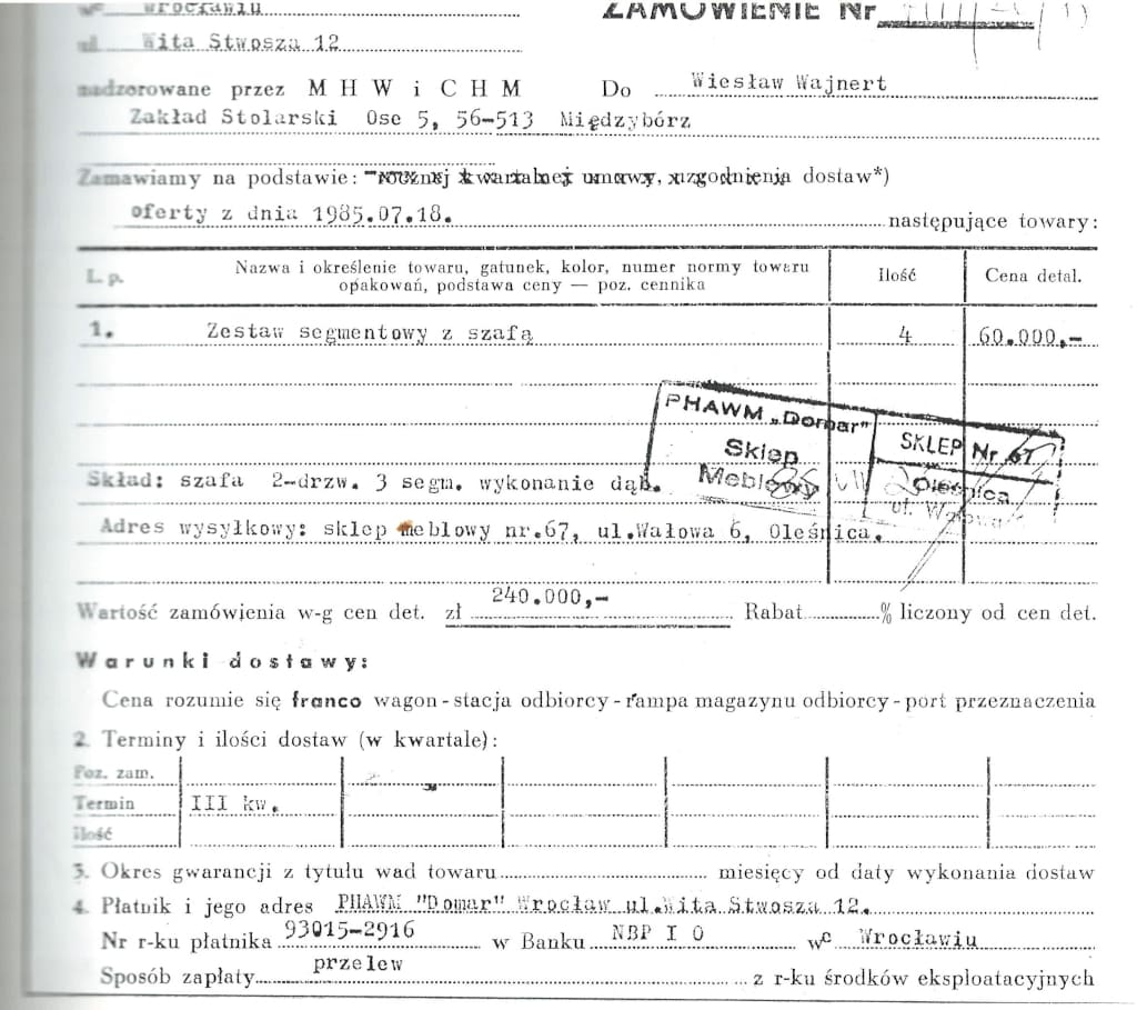 Zestaw segmentowy z szafą – pierwsze zamówienie, złożone w lipcu 1985 r.