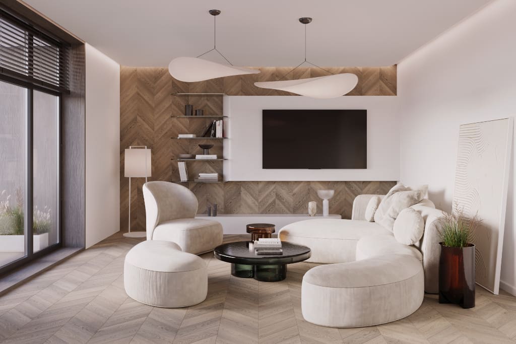 Podłoga FertigParkiet Chevron Dąb Color Ferro z oferty Jawor-Parkiet to dębowy parkiet w układzie jodełki francuskiej.