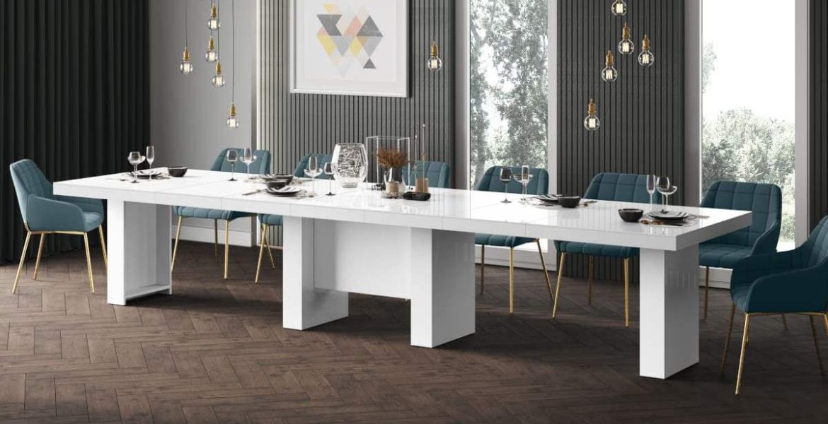 Przykład aranżacji przestrzeni kuchennej z wykorzystaniem frontów Hubertus Super Połysk oraz stołu Victoria w szaro-białej kombinacji kolorystycznej na wysoki połysk.