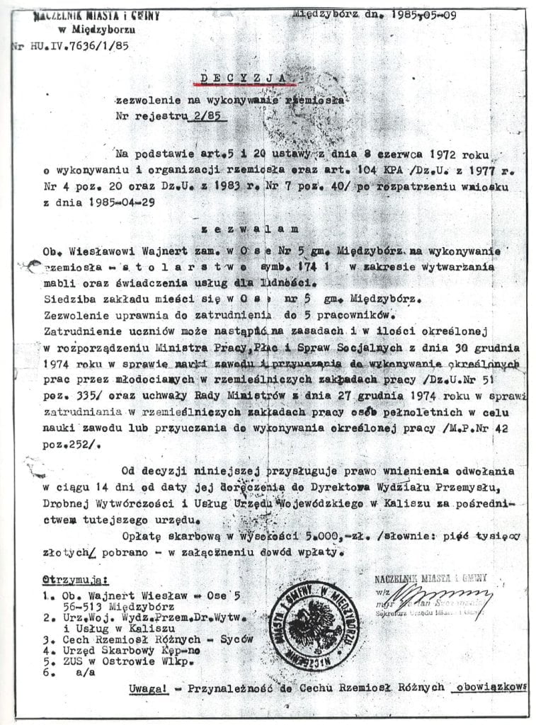 Decyzja o zezwoleniu na wykonywanie rzemiosła, 9 maja 1985 r.