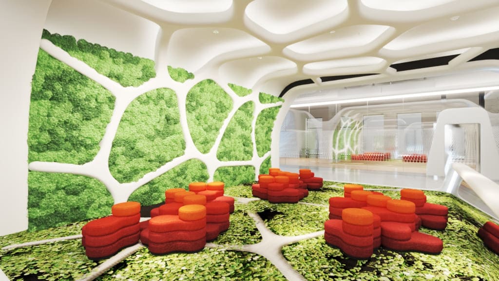 Wizualizacja komputerowa wnętrza budynku ARC w Londynie. We wnętrzach ARC widoczne są czerwone pufy Tapa, które Przemysław Mac Stopa zaprojektował dla firmy Nowy Styl.