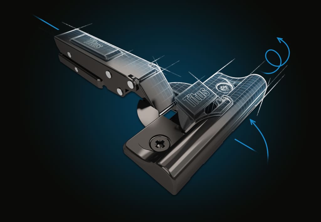 Zawias nowej generacji „Titus T-type” od Titus. Zaprojektowany dla najbardziej wymagających zastosowań w meblach.