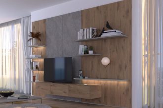 Interprint - dekor Viking Oak zaprezentowany na meblu do salonu w stylu modern - miesięcznik i portal informacyjny branży meblarskiej biznes.meble.pl