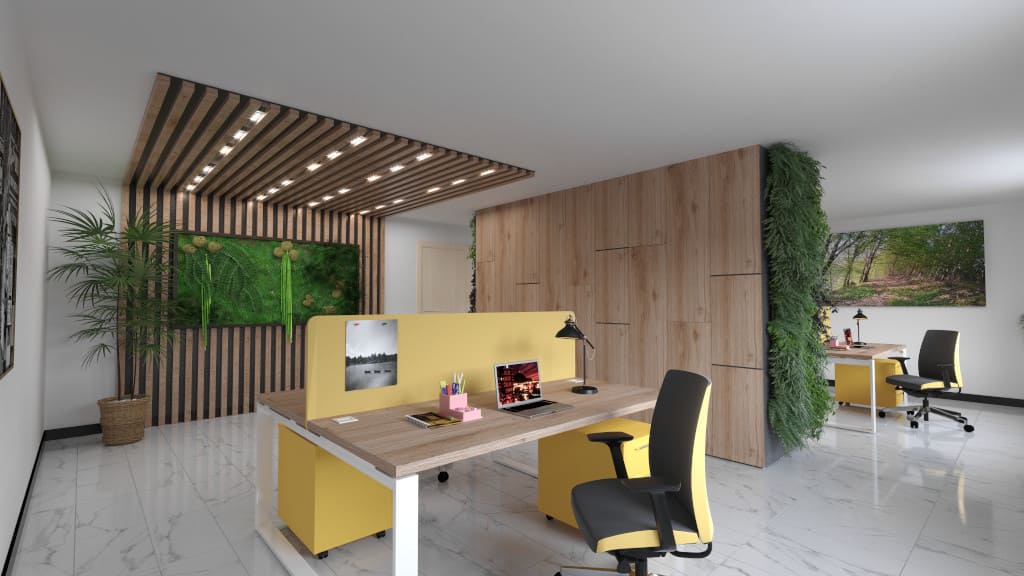 Firma Azco Polskie Meble Biurowe przedstawia aranżację, która łączy w sobie ergonomiczne meble wraz z elementami wygłuszającymi.