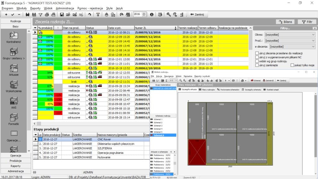 Formatyzacja 5 + eFormatyzacja on-line firmy Agmasoft to kompletny system do zarządzania rozkrojem płyt w małych, średnich oraz dużych przedsiębiorstwach.