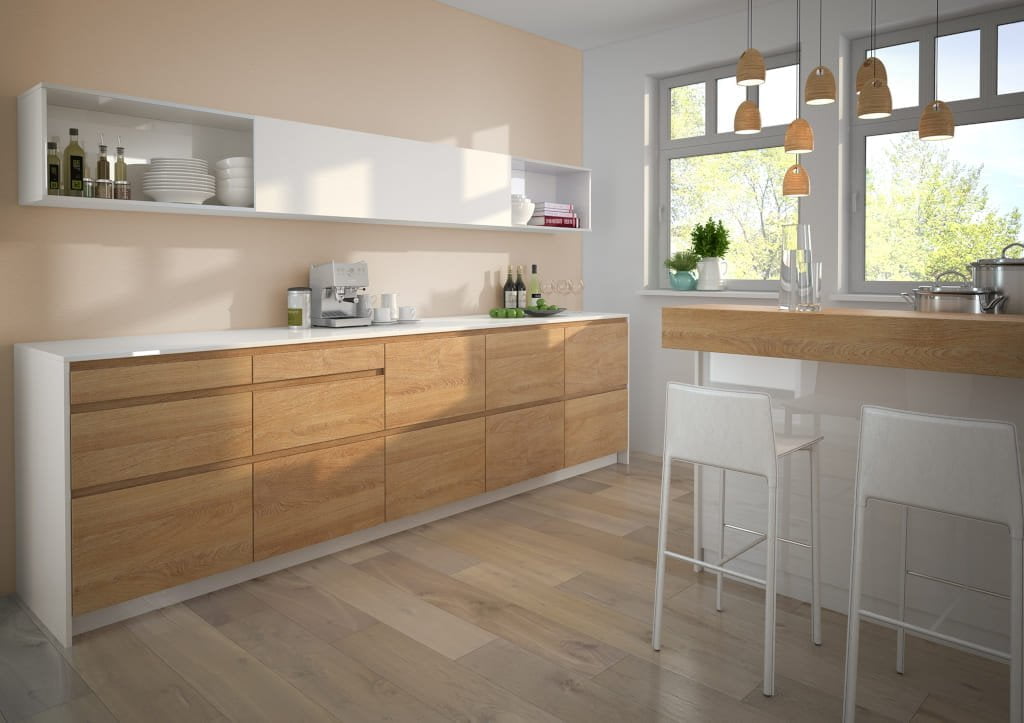 W małej kuchni alternatywą dla szafek zamykanych frontami na zawiasach jest jednotorowy system „SlideLine M” firmy Hettich do drzwi przesuwnych.