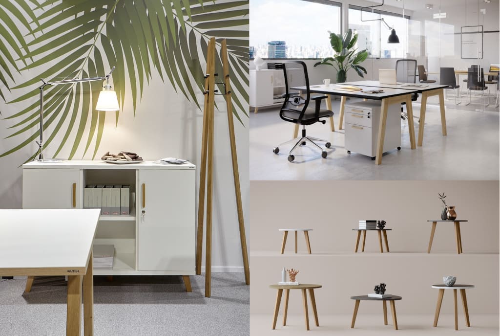 Balwoo firmy Wuteh to kolekcja mebli biurowych to efektowne wyposażenie, które powstało dzięki zestawieniu uroku drewna dębowego z minimalistyczną, chłodną bielą, szarością lub grafitem.