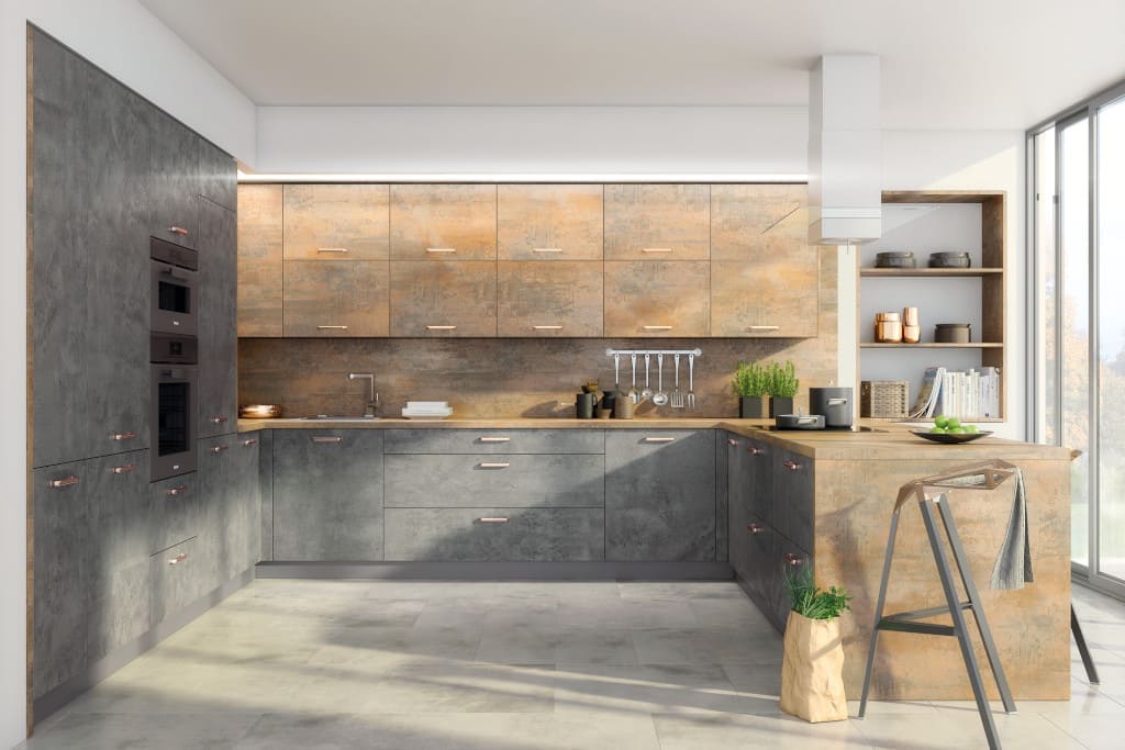 Kuchnia „Agnes” firmy Layman została wykonana w połączeniu dwóch niezwykle modnych dekorów: „Betonu Ciemnego” i „Metallo”.