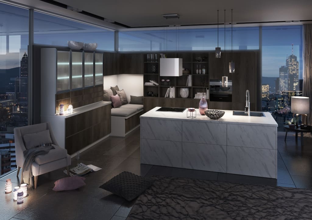 Kuchnia „Carrara” niemieckiej marki Bau-For-Mat to połączenie prawdziwego drewna z frontami imitującymi naturalny kamień. Jest to nawiązanie do stylu lat 70. i 80.