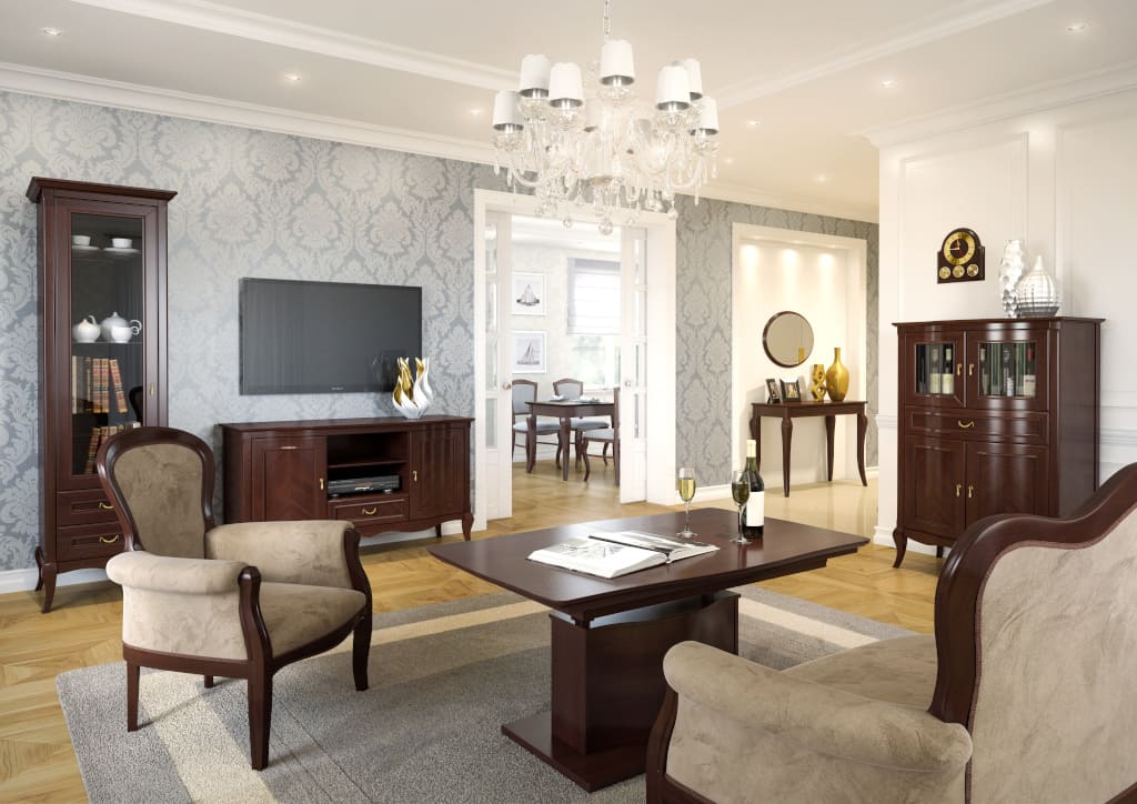 „Wiktoria” (prod. Mebin) to kolekcja do salonu, jadalni i sypialni. Meble stylowe o wyrafinowanym kształcie wykonano w naturalnej okleinie z udziałem litego drewna.