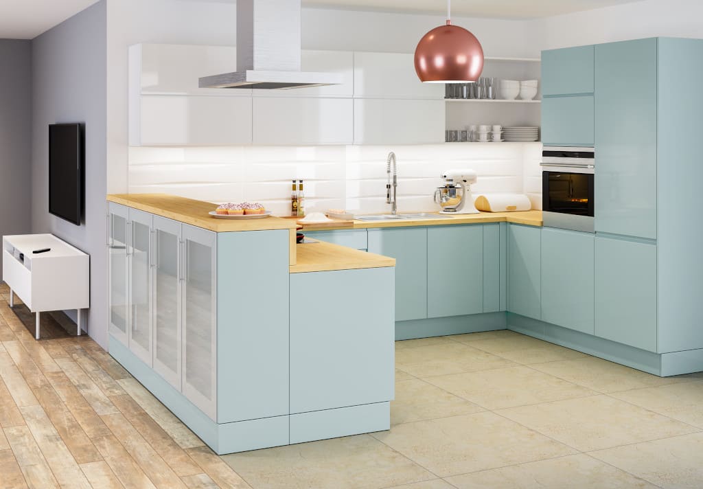 Meble kuchenne z serii „Cassis Delinia” Leroy Merlin. Na zdjęciu widoczna jest zabudowa z półwyspem, ale przy pomocy dostępnych elementów w kuchni może być też wyspa.