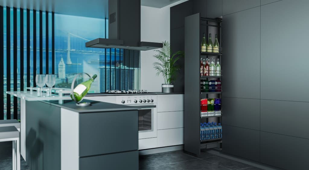 Nomet „Cargo Maxi” z pełnym dnem to praktyczne i eleganckie rozwiązanie umożliwiające swobodny dostęp do całej zawartości szafki jednym ruchem ręki.