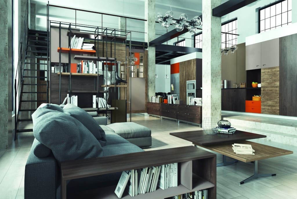 Wnętrze w stylu industrialnym z meblami wyprodukowanymi z produktów „One World Collection” Swiss Krono Group.