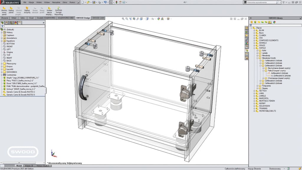 Oprogramowanie „Swood CAD” firmy DPS Software opiera się na technologii „przeciągnij i upuść” oraz znormalizowanych bibliotekach (m.in. łączniki Blum, Hettich, Hafele).