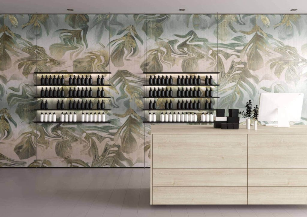 Schattdecor - dekory Vaia (na panelach ściennych) i Dąb Karlstad (na komodzie)