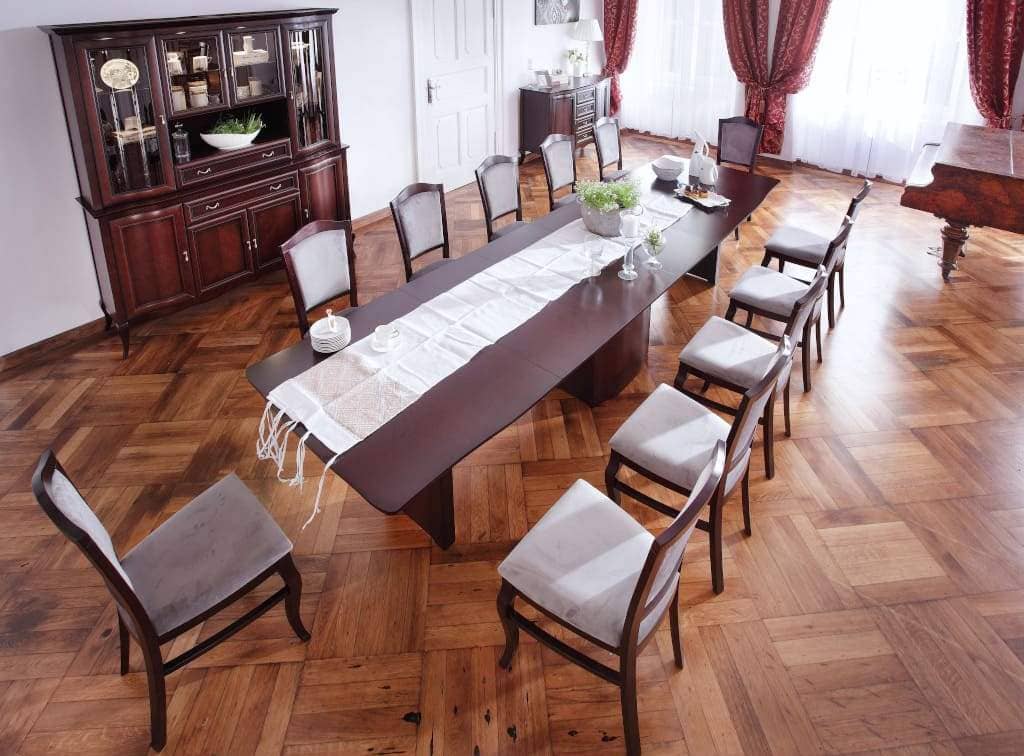 Stół „Wiktoria” na nodze kolumnowej (prod. Mebin) to piękny, klasyczny mebel do reprezentacyjnej jadalni.