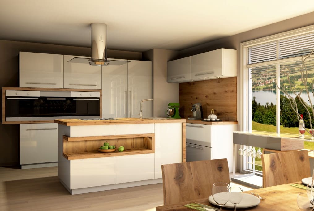 Fotorealistyczny widok projektu kuchni, zaprojektowanej w programie PaletteCAD.