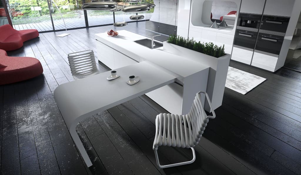 Blaty wysuwane z zabudowy kuchennej oferowane przez Häfele służą jako poręczny stolik do wypicia kawy, zjedzenia śniadania, a nawet pracy.