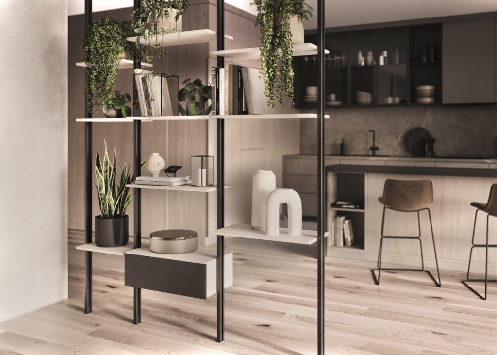 Hafele - oświetlenie Loox5 w salonie półka dzieląca