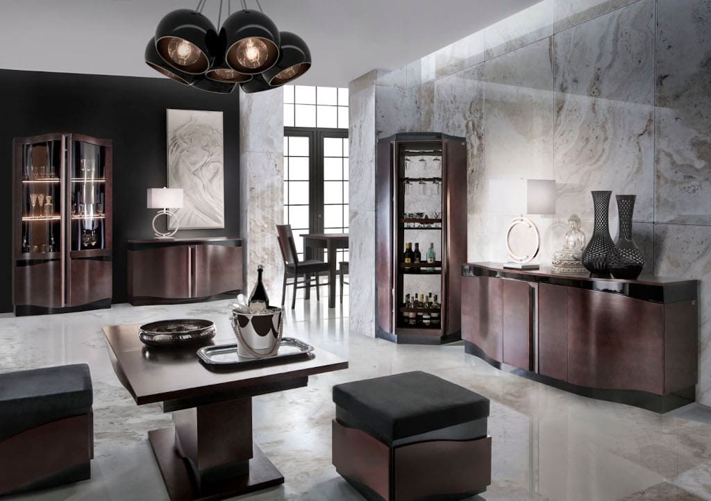 „Diuna” firmy Mebin to nowoczesna jadalnia z frontami z litego drewna, w okleinie z czereśni amerykańskiej.