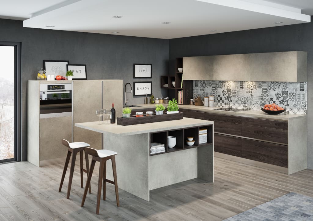 „KAMmoduł ProLine” firmy KAM to prestiżowa linia utrzymana w modnej kolorystyce szarości. Kuchnia jest otwarta na salon, a charakterystyczną cechą jest brak tradycyjnych uchwytów.